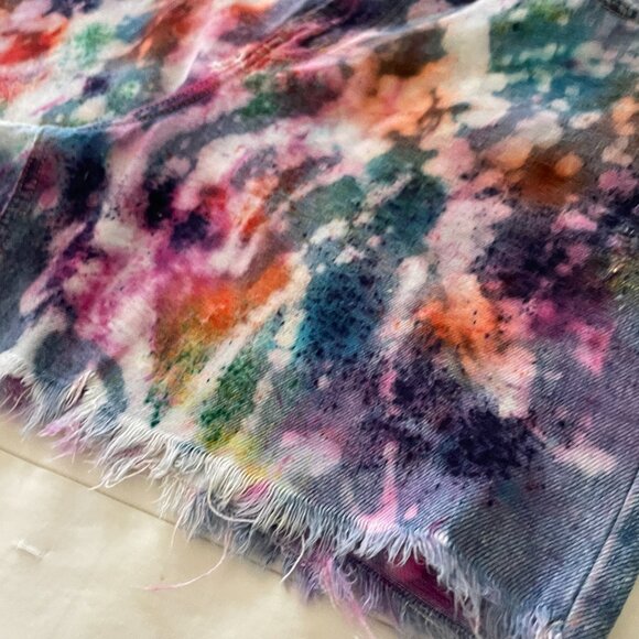 Custom Bleach Splash Denim Shorts Free Speech High-Waisted Boho Festival Style - Picture 7 of 11